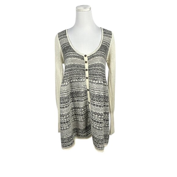 Free People Cardigan‎ Womens M Babydoll Boho Angora Blend Grey Cream Fair Isle - Picture 1 of 11